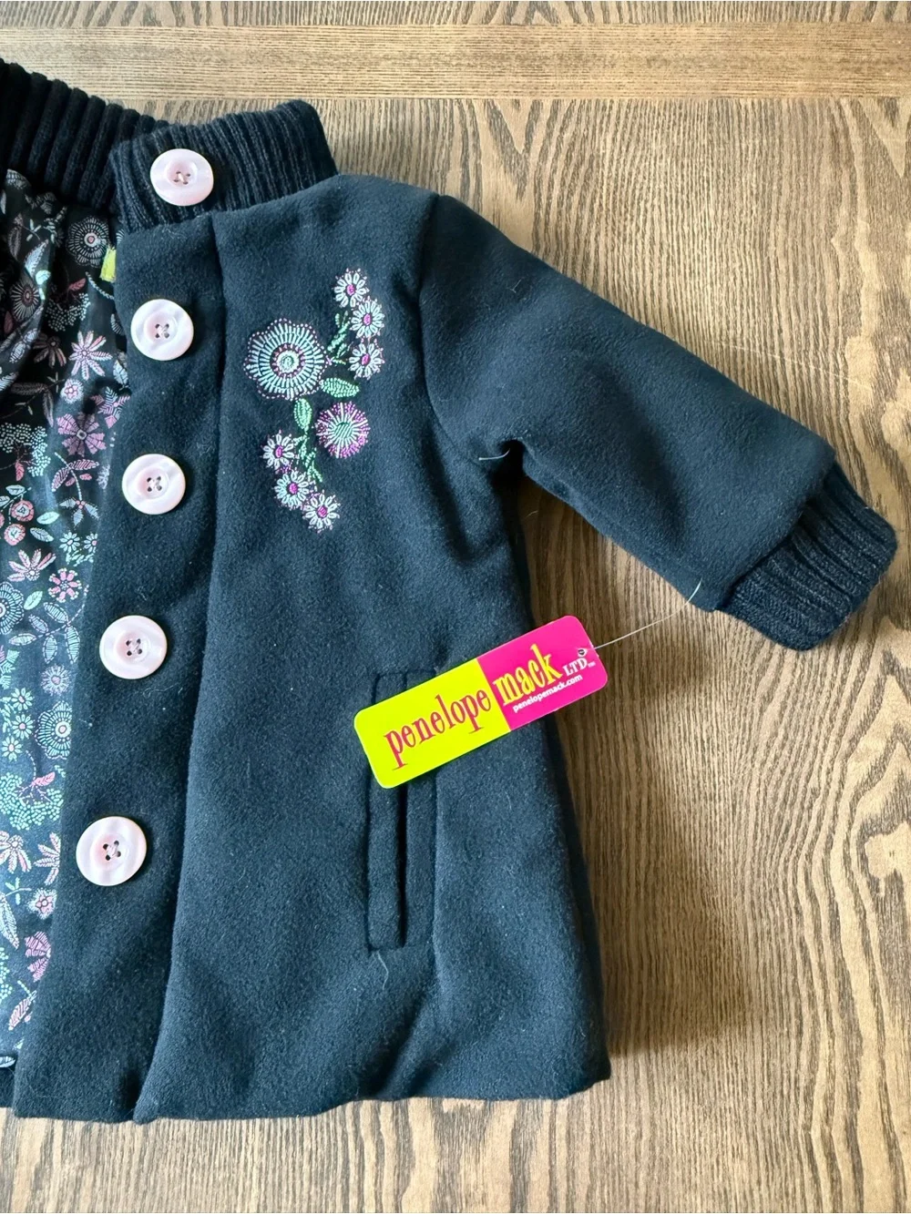 Penelope Mack Black Toddler Pea Coat with Floral Embroidery